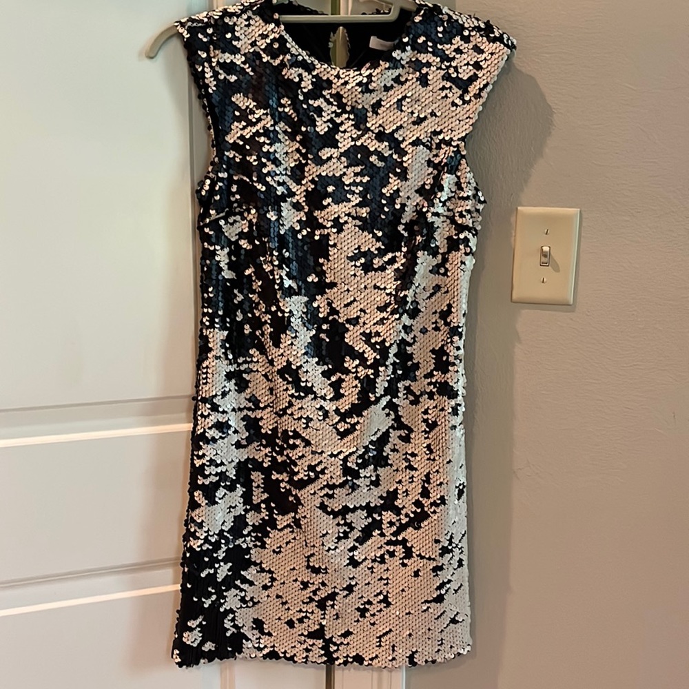 Rolando Santana Black and Cream Reversible Sequins Cocktail Dress, Size 2